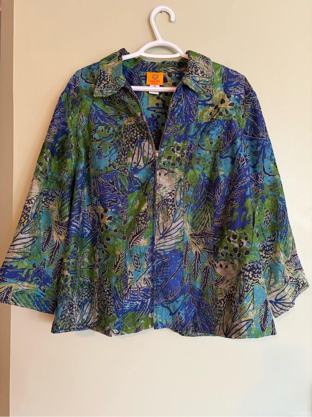 Ruby Rd 18W Zip Up Jacket Sheer Linen Blend Eclectic Grandpa Tropical Resortwear